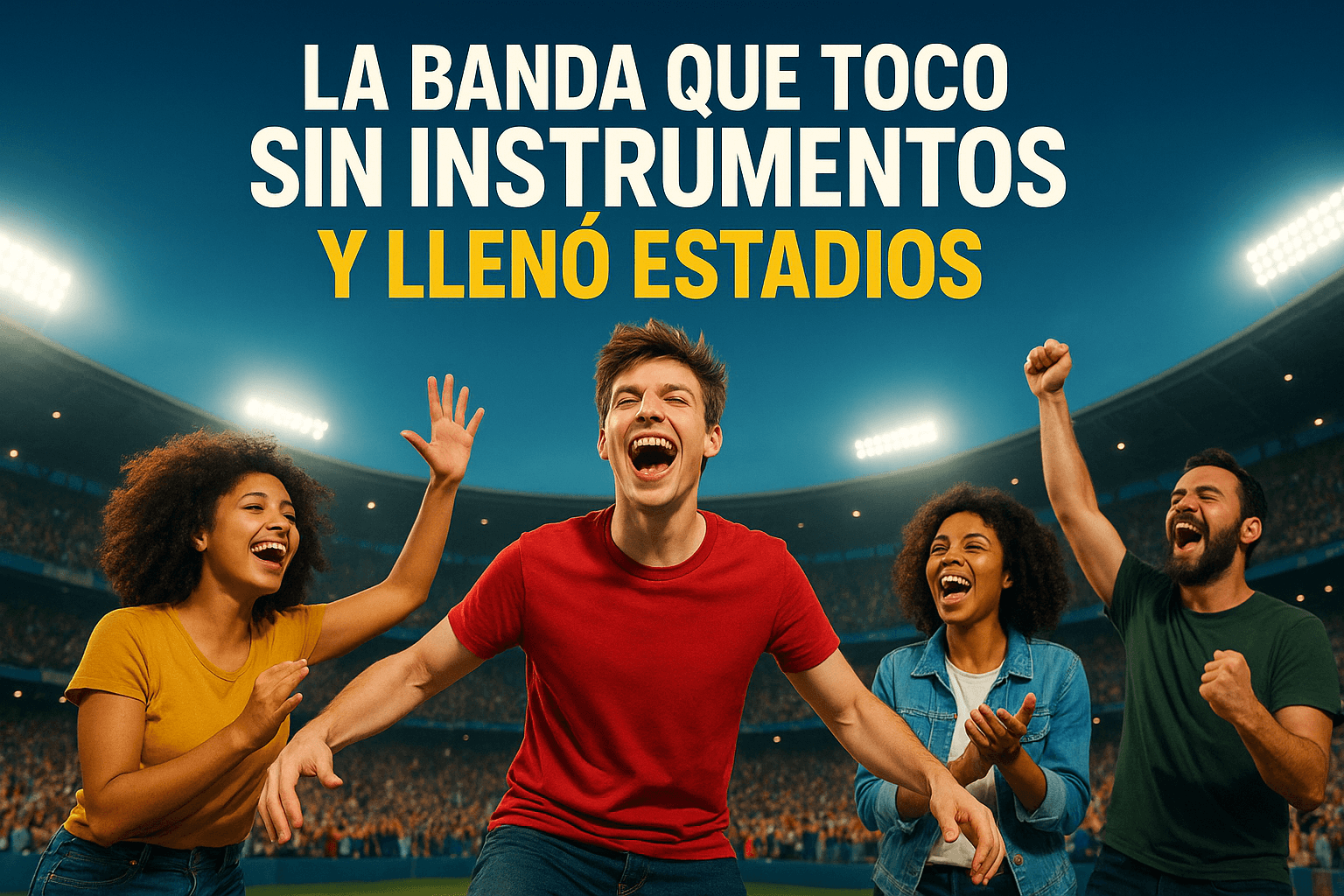 Imagen generada con IA para el artículo La banda que tocó sin instrumentos y llenó estadios