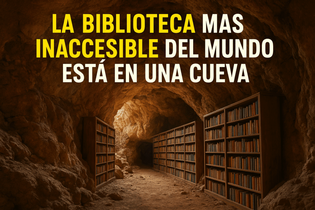La biblioteca más inaccesible del mundo: libros secretos en una cueva 1 Imagen generada con IA para el artículo La biblioteca más inaccesible del mundo está en una cueva