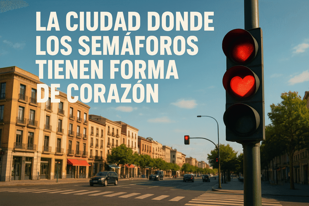 Imagen generada con IA para el artículo La ciudad donde los semáforos tienen forma de corazón