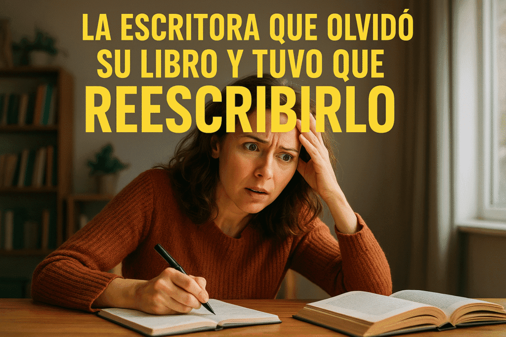 Imagen generada con IA para el artículo La escritora que olvidó su libro y tuvo que reescribirlo