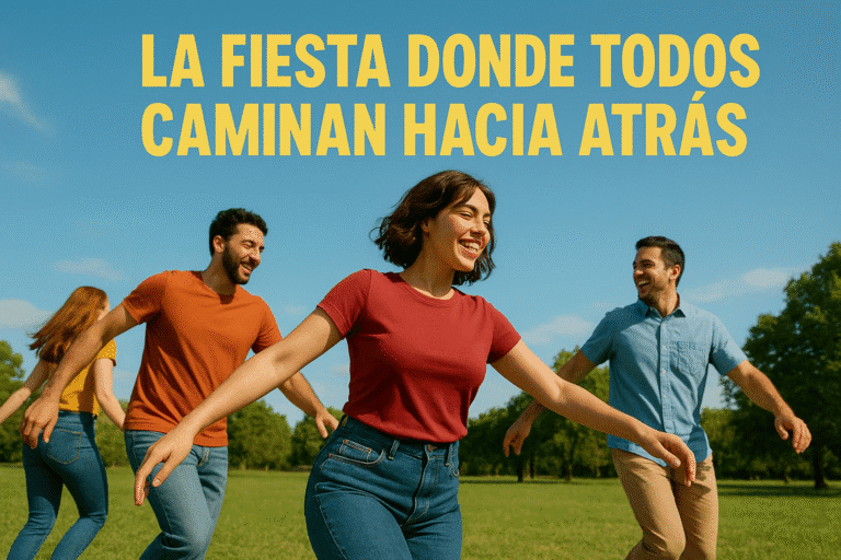 Imagen generada con IA para el artículo La fiesta donde todos caminan hacia atrás