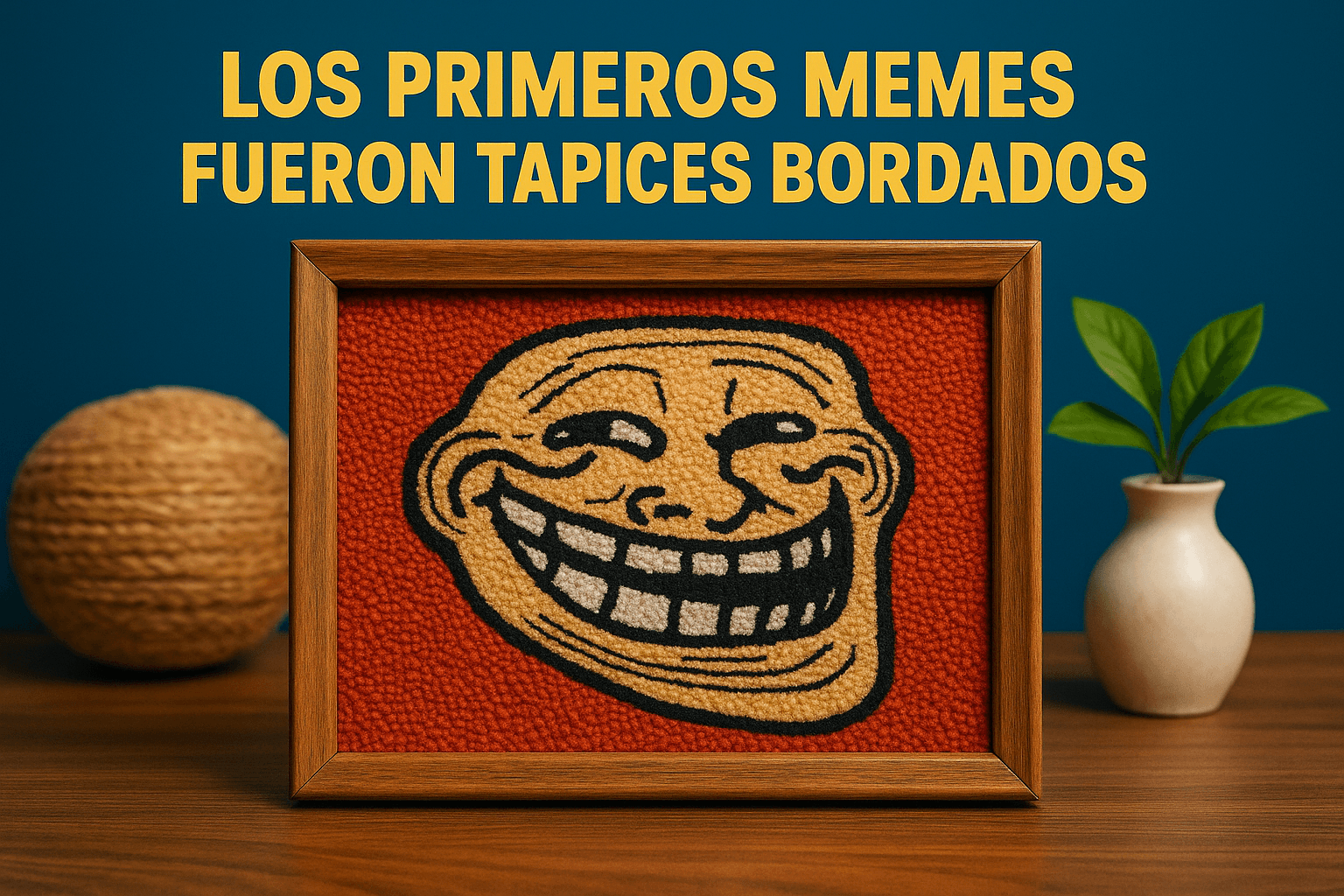 Imagen generada con IA para el artículo Los primeros memes fueron tapices bordados