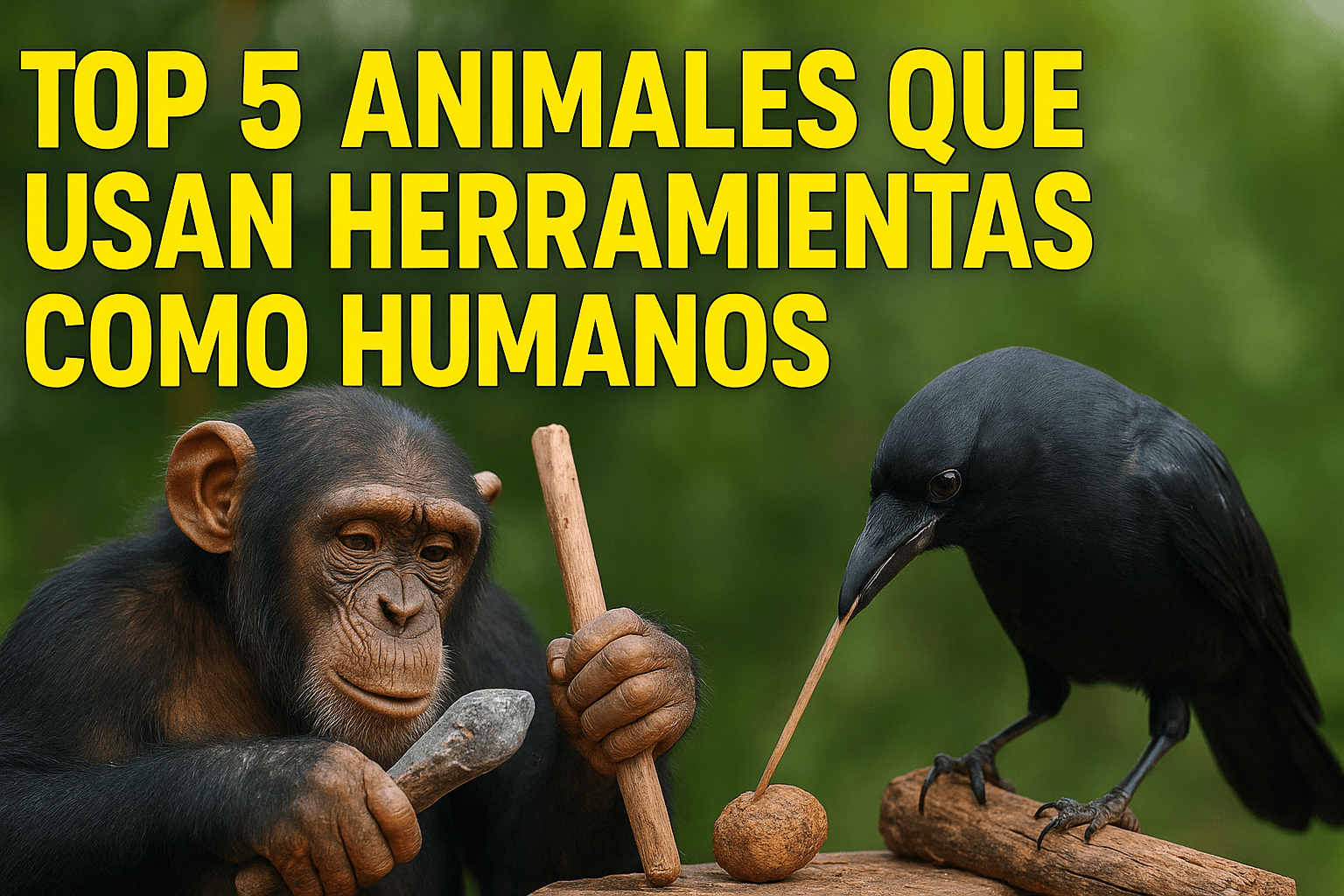 Imagen generada con IA para el artículo Top 5 animales que usan herramientas como humanos