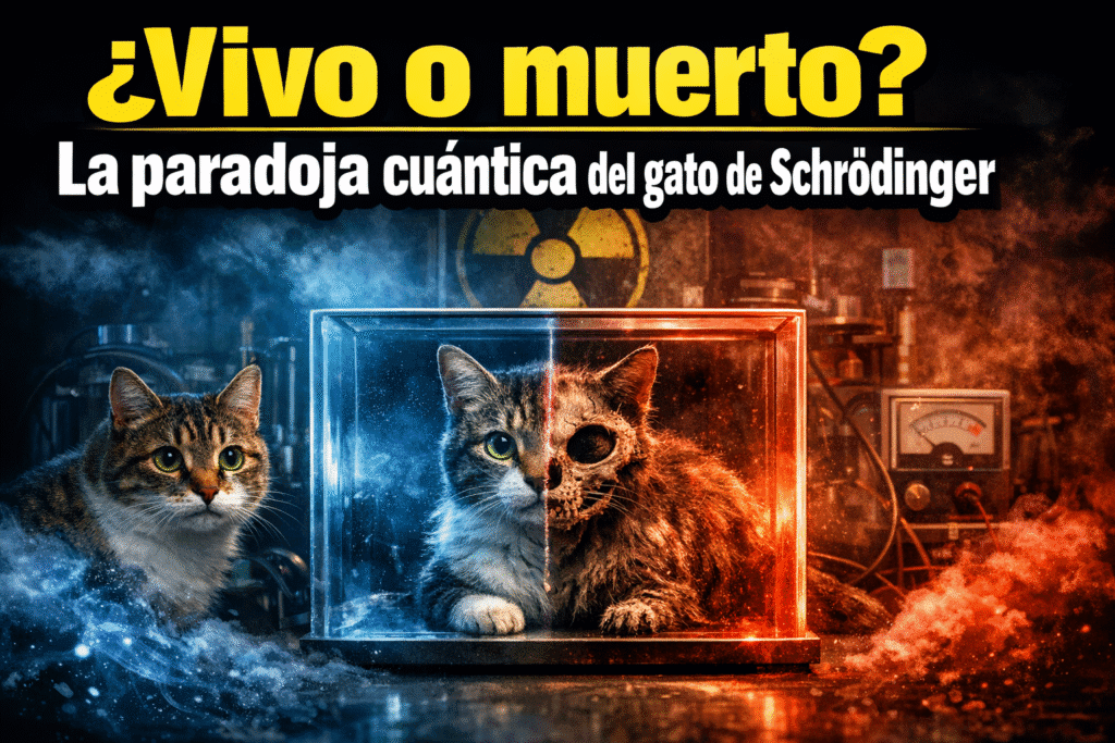 Imagen generada con IA para el artículo Gato de Schrödinger: ¿Vivo o Muerto? El Enigma Cuántico