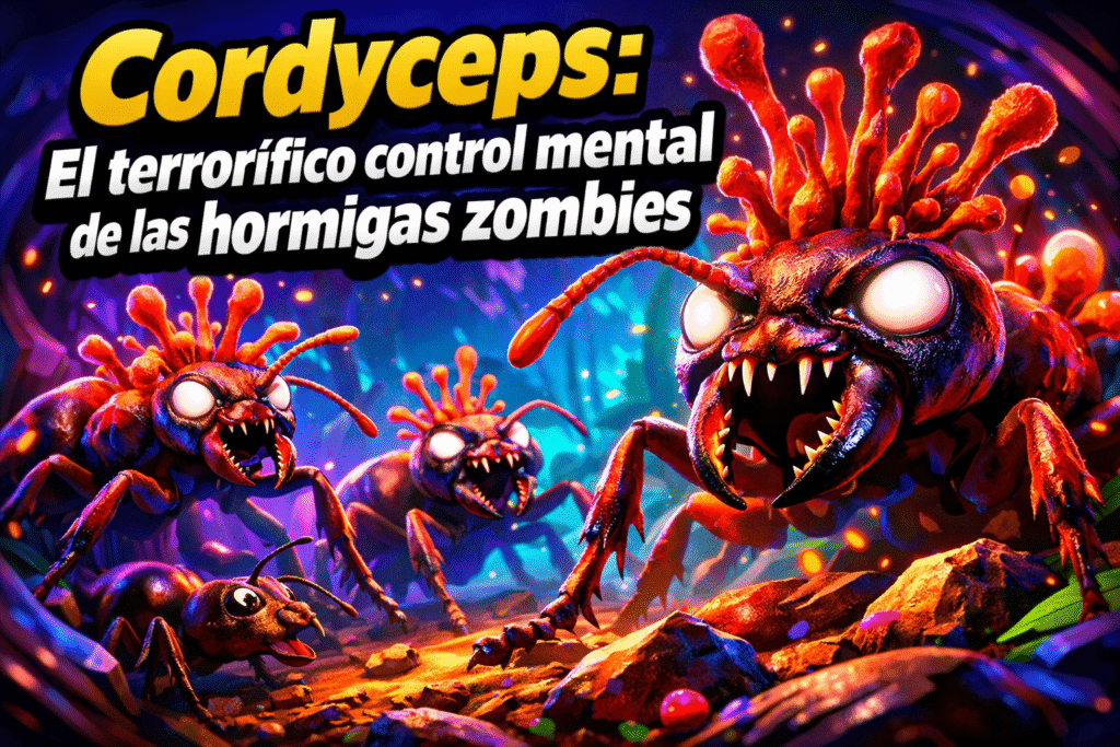 Imagen generada con IA para el artículo Hongo Hormiga Zombie: El asombroso control mental del Cordyceps