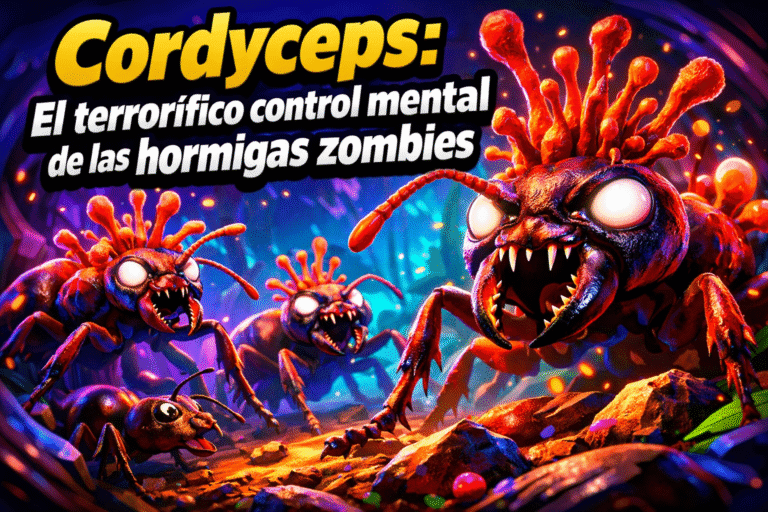 Imagen generada con IA para el artículo Hongo Hormiga Zombie: El asombroso control mental del Cordyceps