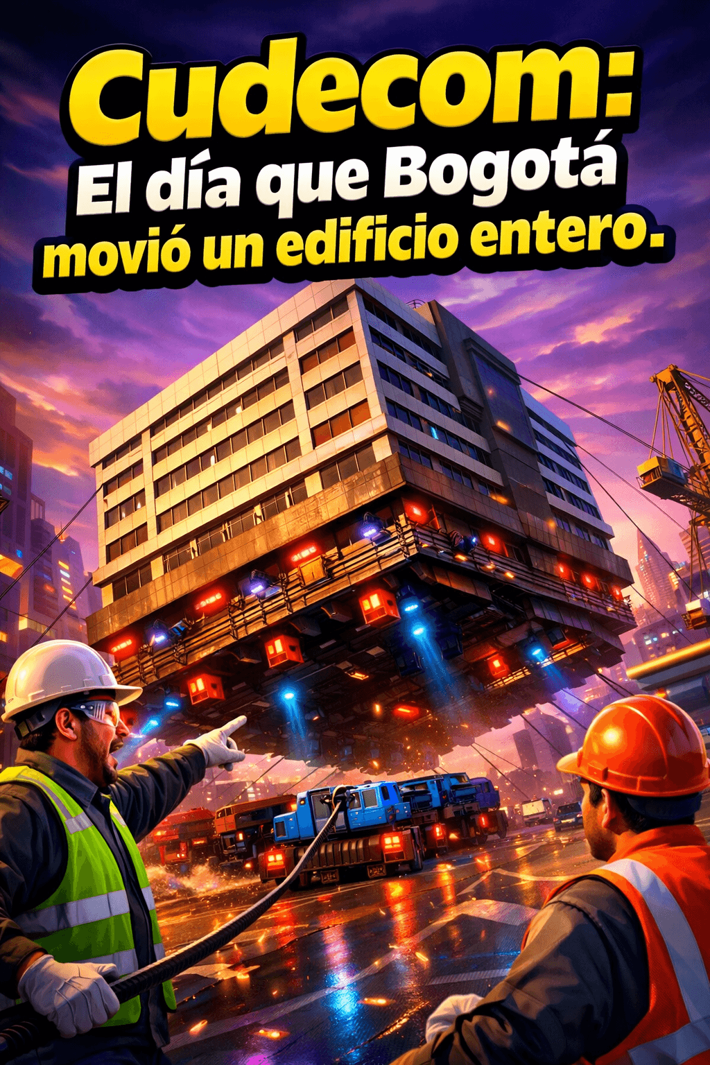 Imagen generada con IA para el artículo Cudecom: La increíble hazaña de mover un edificio en Bogotá