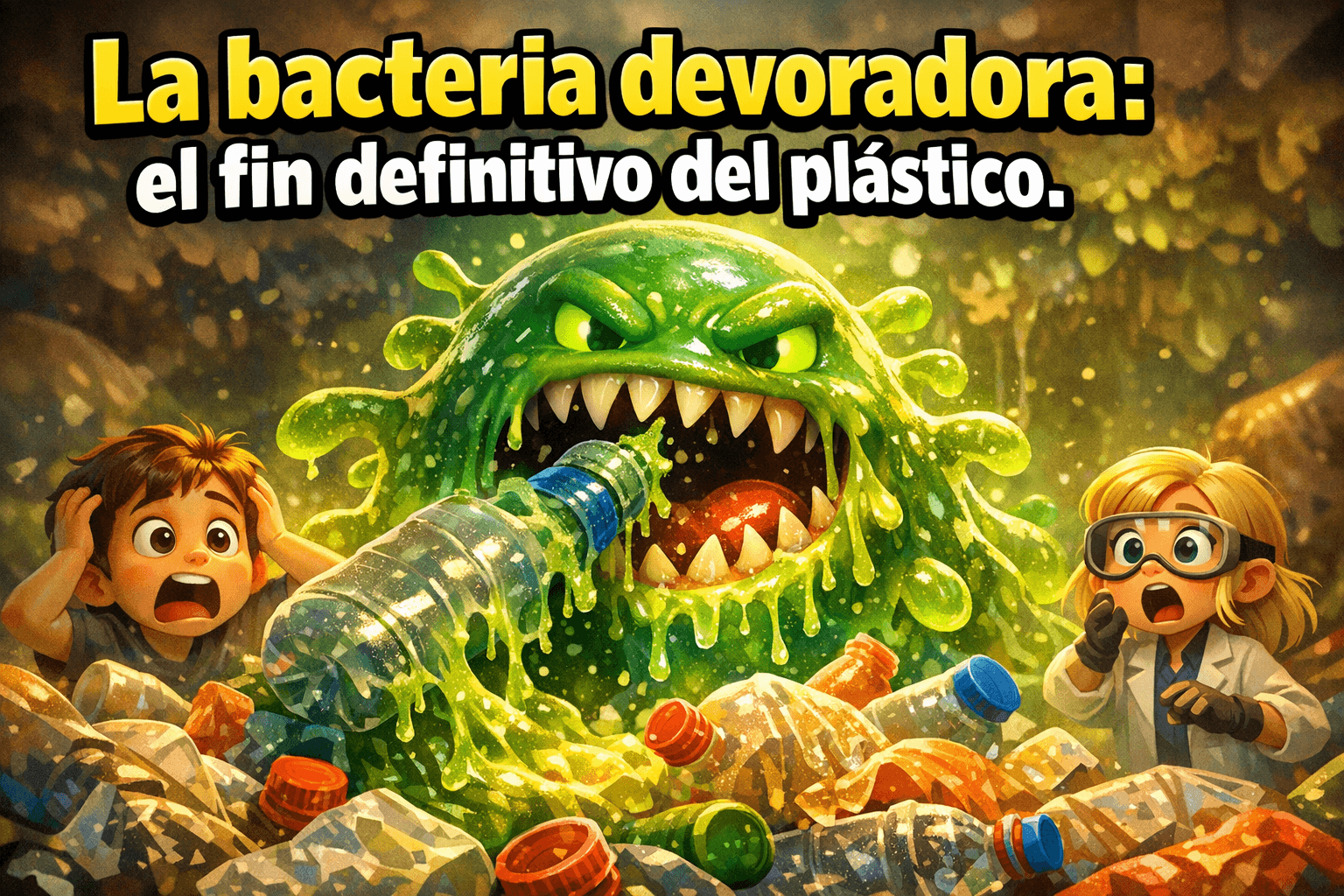 Imagen generada con IA para el artículo La revolucionaria bacteria que come plástico: la solución definitiva