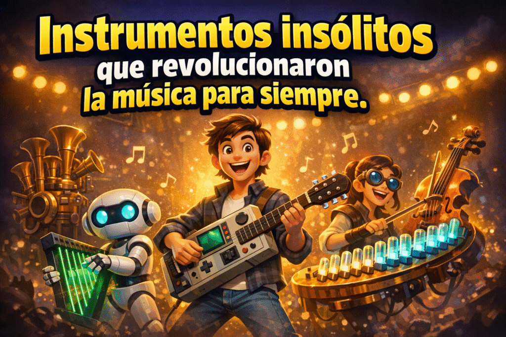 Descubre instrumentos insólitos que crearon géneros musicales 1 Imagen generada con IA para el artículo Descubre instrumentos insólitos que crearon géneros musicales
