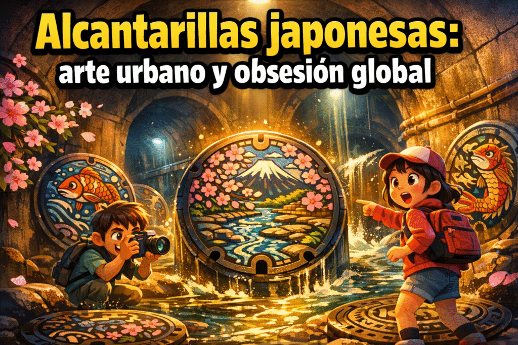 Imagen generada con IA para el artículo Tapas de Alcantarilla: Arte Urbano Japonés y Coleccionismo Global