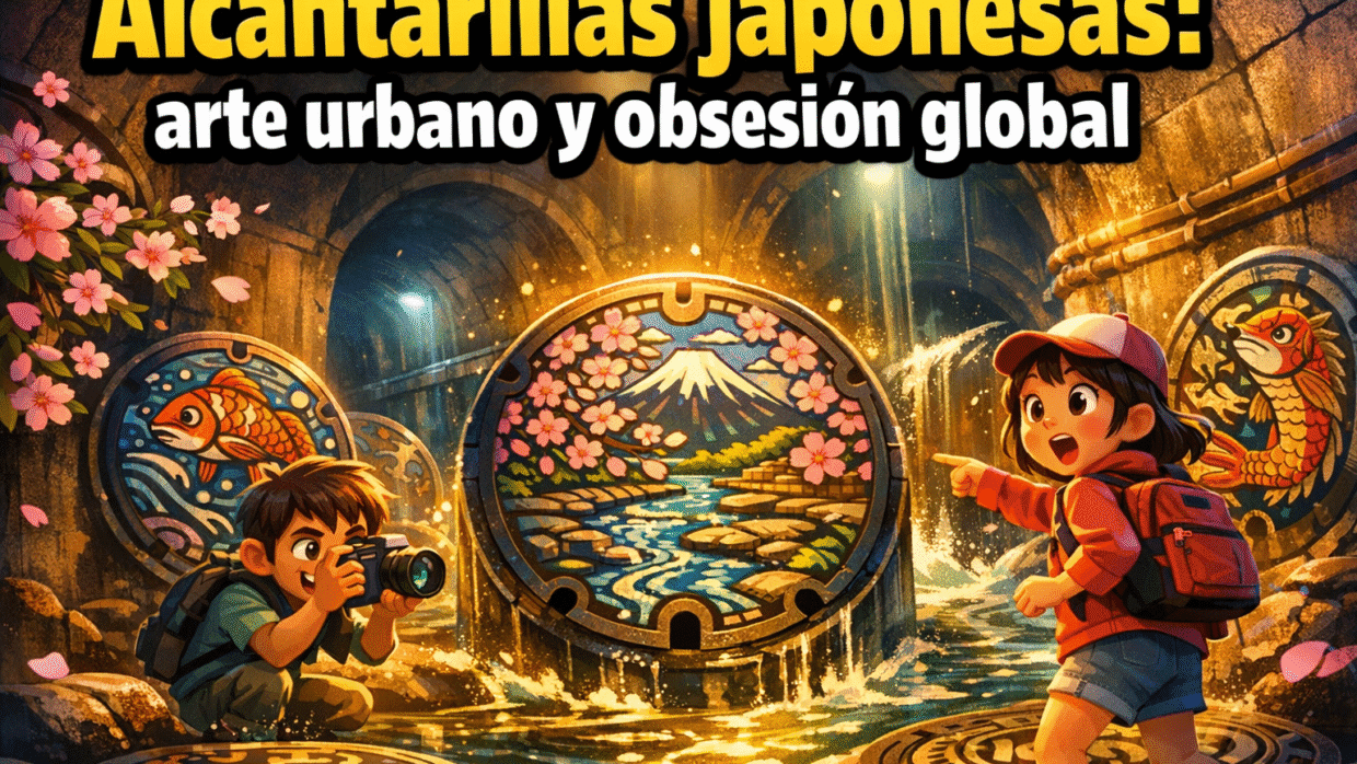 Imagen generada con IA para el artículo Tapas de Alcantarilla: Arte Urbano Japonés y Coleccionismo Global