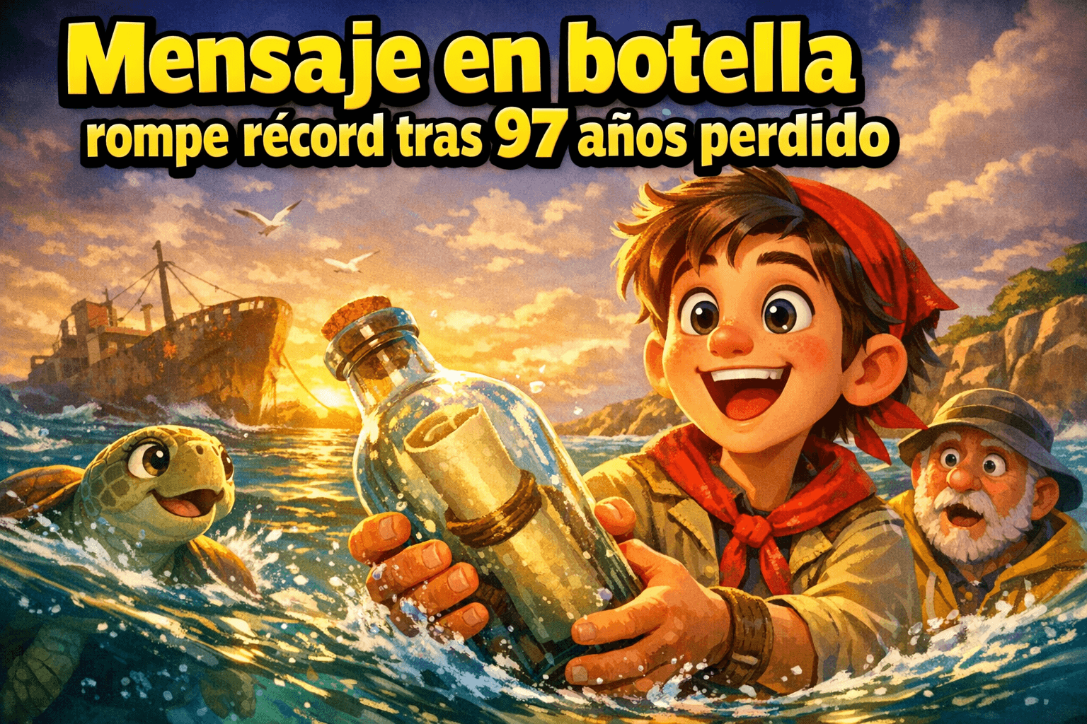 Imagen generada con IA para el artículo Increíble Mensaje en Botella: 97 Años Récord en el Atlántico