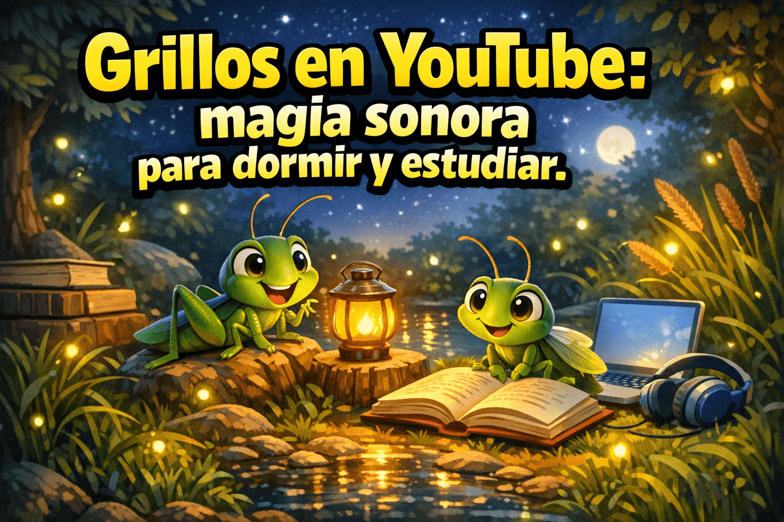Imagen generada con IA para el artículo Grillos YouTube: el sonido mágico para relajación, sueño y estudio.