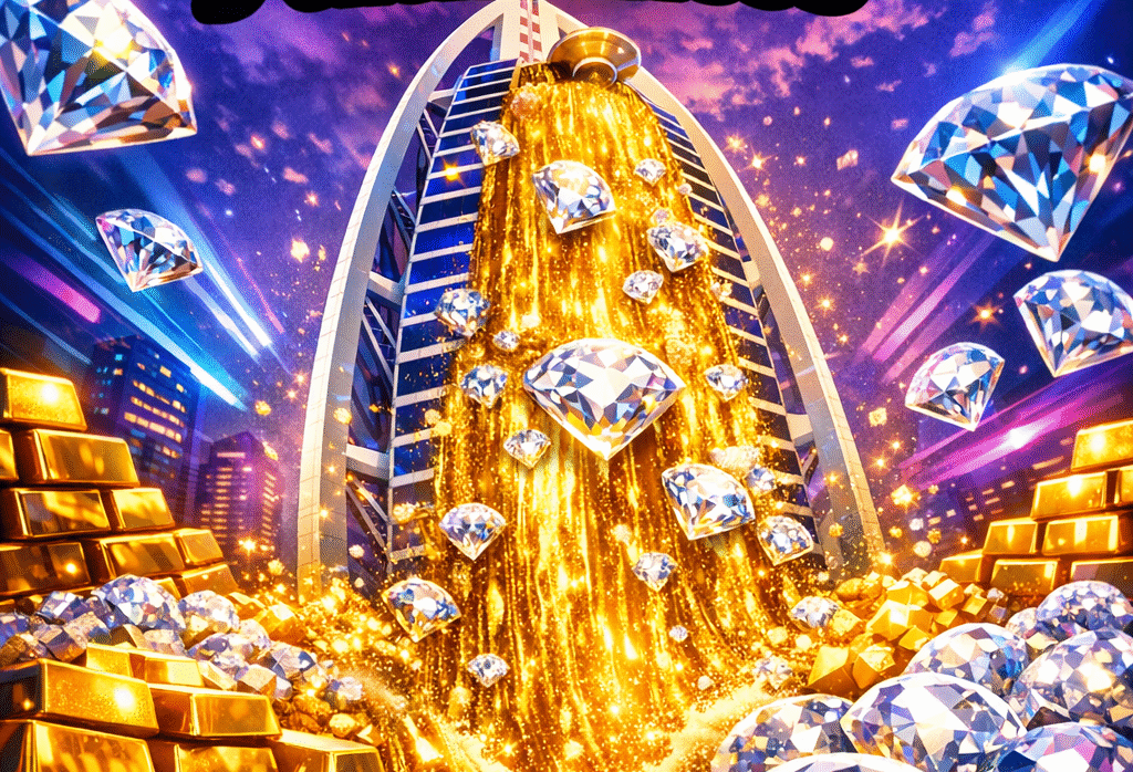 Imagen generada con IA para el artículo Burj Al Arab: Cascada de Oro y Diamantes, ¡Pura Realidad en Dubái!