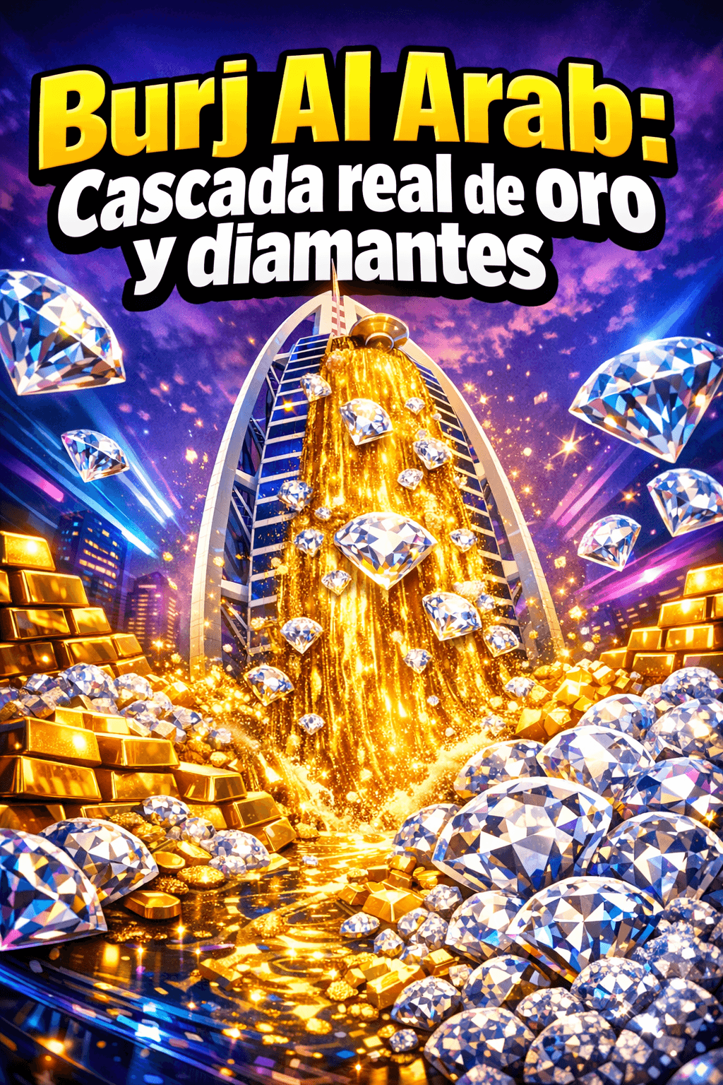 Imagen generada con IA para el artículo Burj Al Arab: Cascada de Oro y Diamantes, ¡Pura Realidad en Dubái!