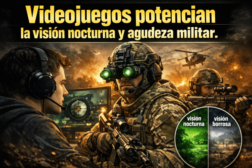 Imagen generada con IA para el artículo Increíble: Videojuegos mejoran visión nocturna y agudeza en soldados