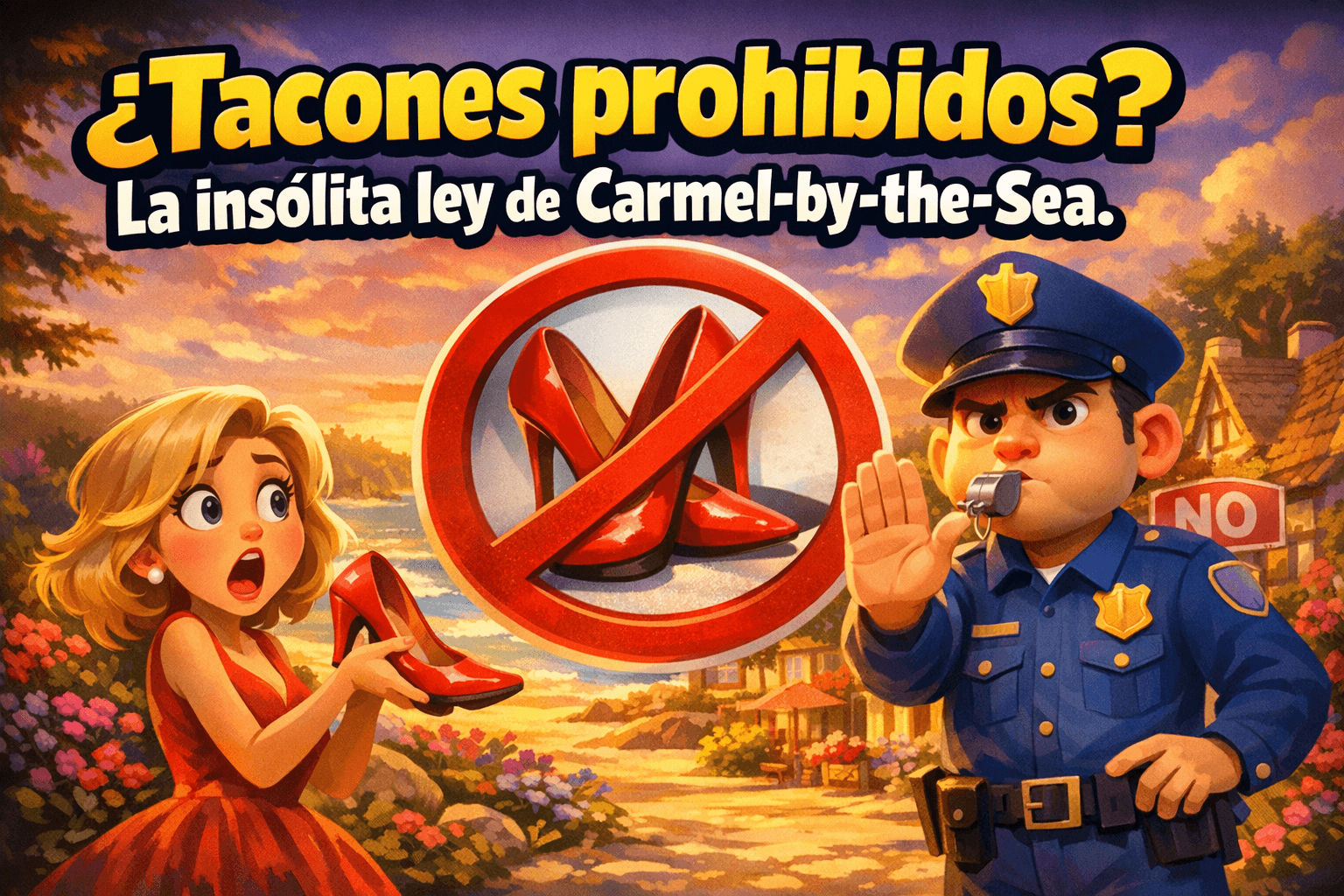 Imagen generada con IA para el artículo ¡Flipante! Carmel-by-the-Sea: ¿Ley de Tacones Altos en California?