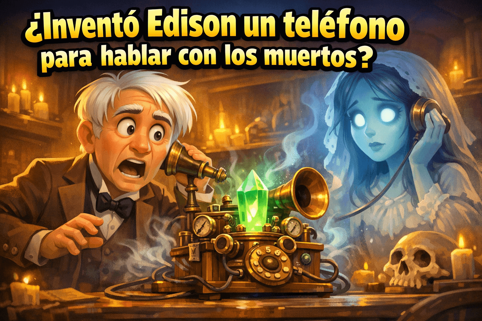 Imagen generada con IA para el artículo Edison y el Necrophone: ¿Su Increíble Teléfono para Muertos?