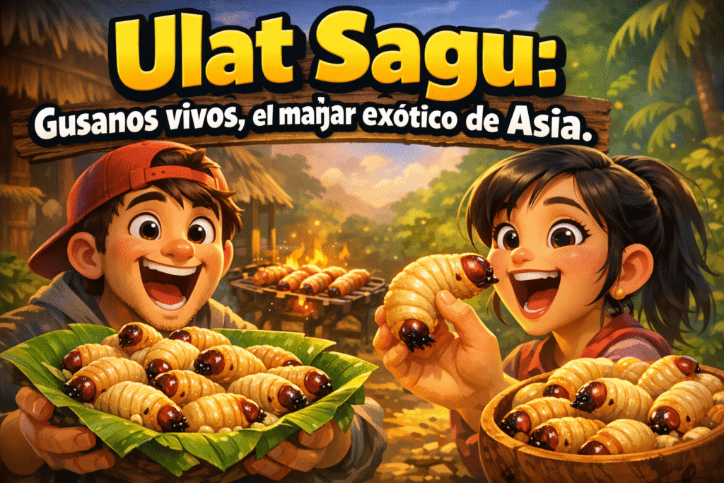 Imagen generada con IA para el artículo Impactante Ulat Sagu: Gusanos Vivos, Manjar Exótico de Asia