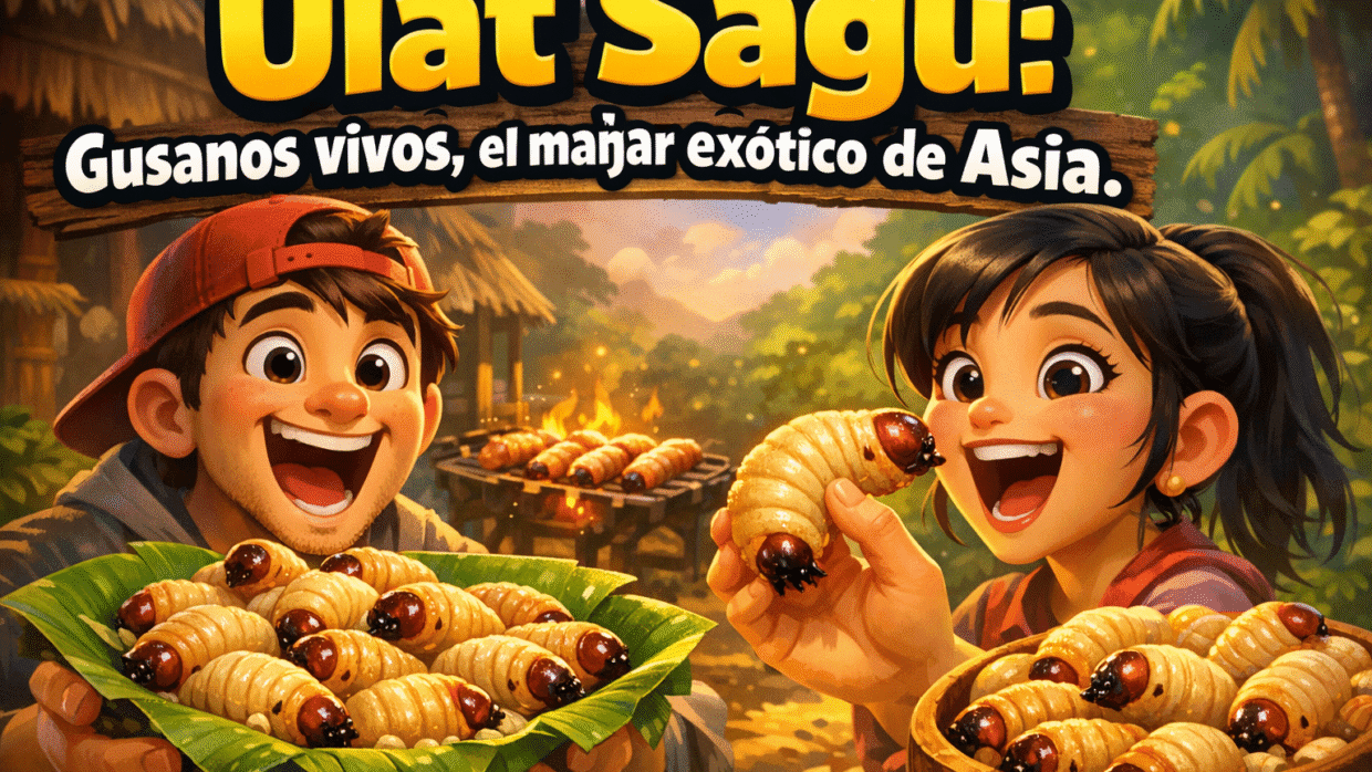 Imagen generada con IA para el artículo Impactante Ulat Sagu: Gusanos Vivos, Manjar Exótico de Asia