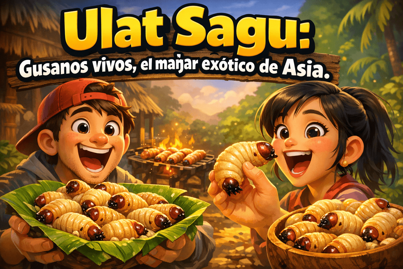 Imagen generada con IA para el artículo Impactante Ulat Sagu: Gusanos Vivos, Manjar Exótico de Asia