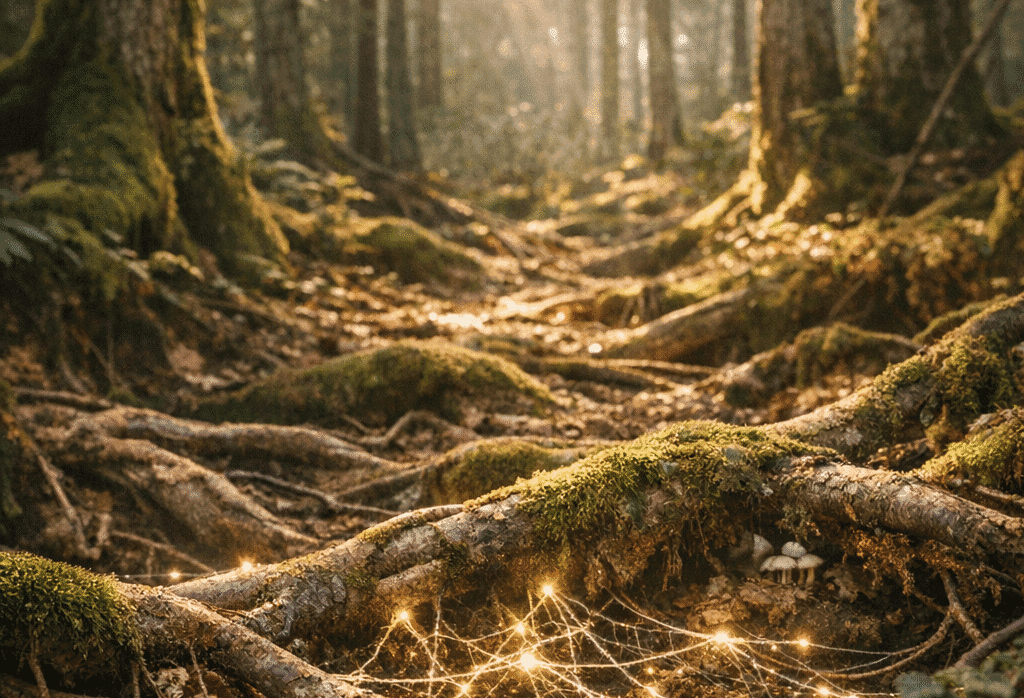 Imagen generada con IA para el artículo La Maravillosa Wood Wide Web: Árboles que Conectan el Bosque