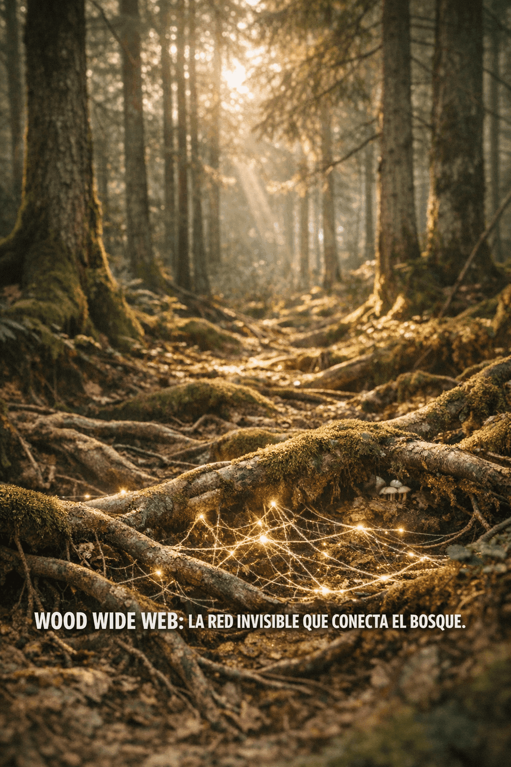 Imagen generada con IA para el artículo La Maravillosa Wood Wide Web: Árboles que Conectan el Bosque