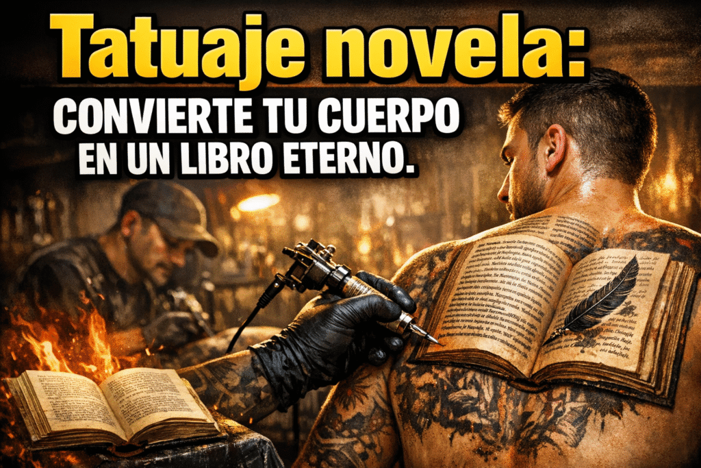 Imagen generada con IA para el artículo Tatuaje novela: el increíble arte de tatuar un libro en el cuerpo
