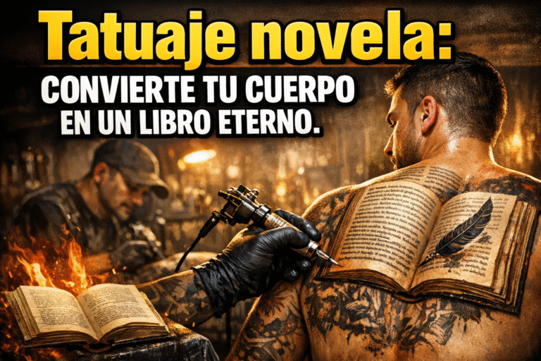 Imagen generada con IA para el artículo Tatuaje novela: el increíble arte de tatuar un libro en el cuerpo