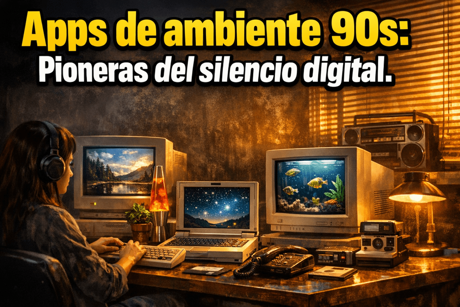 Imagen generada con IA para el artículo Fascinante: Apps de Ambiente 90s, el origen del Silencio Digital