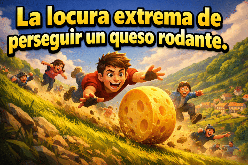 Imagen generada con IA para el artículo Cooper's Hill Cheese-Rolling: La descabellada carrera de queso.