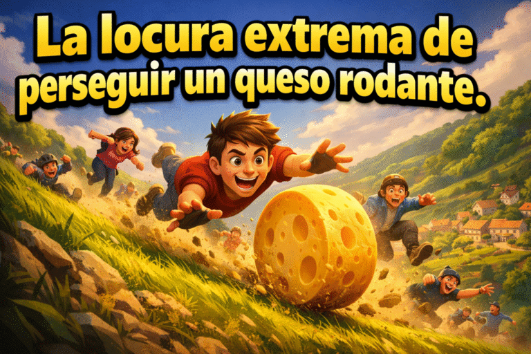 Imagen generada con IA para el artículo Cooper's Hill Cheese-Rolling: La descabellada carrera de queso.