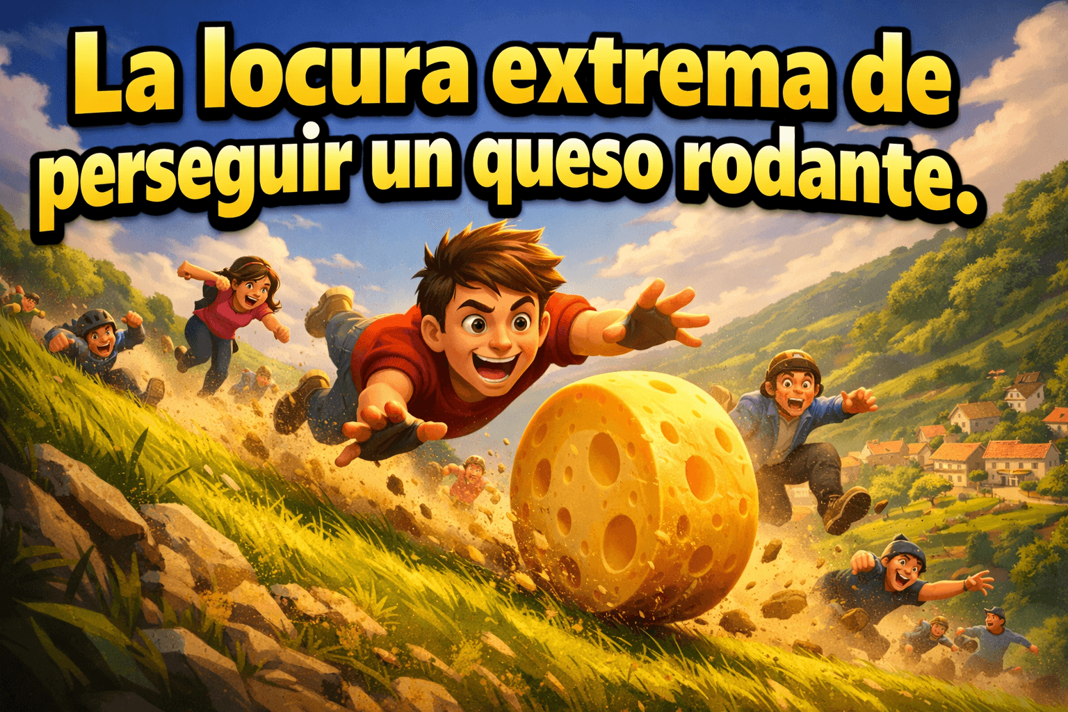 Imagen generada con IA para el artículo Cooper's Hill Cheese-Rolling: La descabellada carrera de queso.