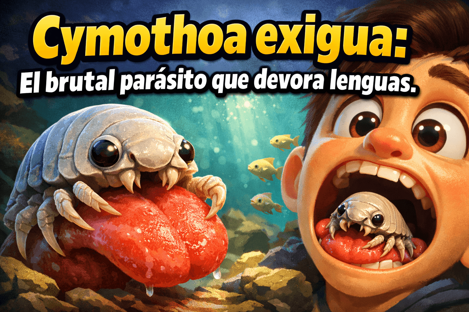 Imagen generada con IA para el artículo Cymothoa exigua: El Brutal Parásito Comelenguas de la Biología Marina