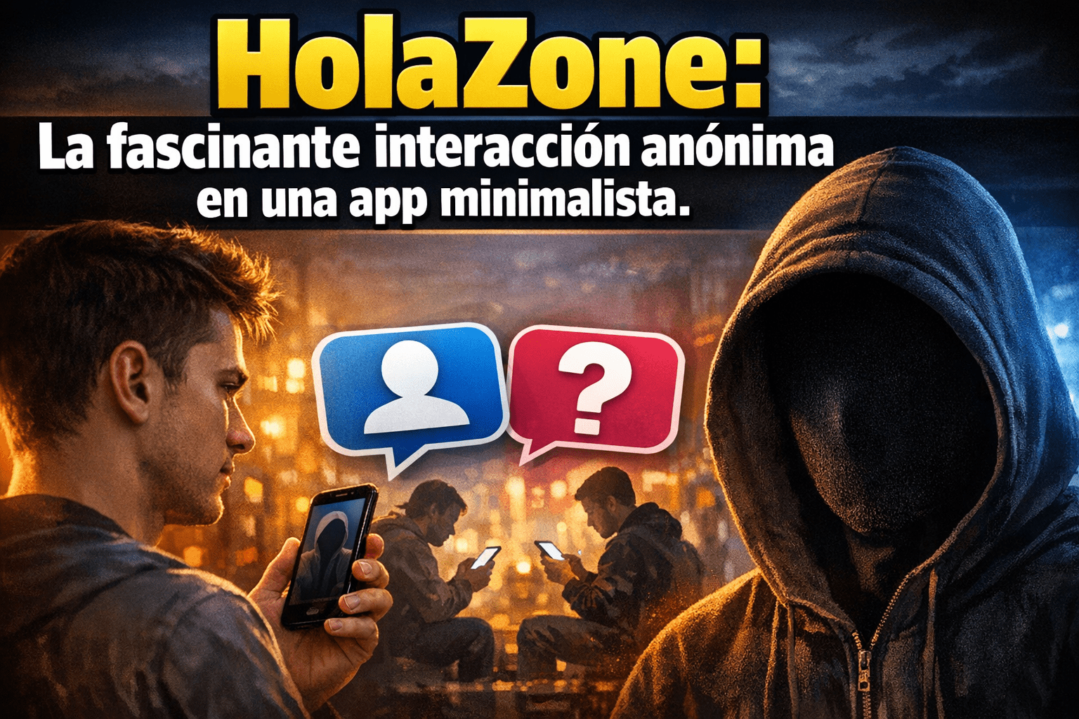Imagen generada con IA para el artículo **Keywords Necesarias para SEO:** * HolaZone * App minimalista * Interacción digital * Anonimato * Proximidad digital * Experimento social * Curiosidad digital * Psicología social * Redes sociales (o "red social") * Conexión humana * Geolocalización * Privacidad **Título Optimizado para SEO:** HolaZone: La Fascinante App Minimalista de Interacción Anónima