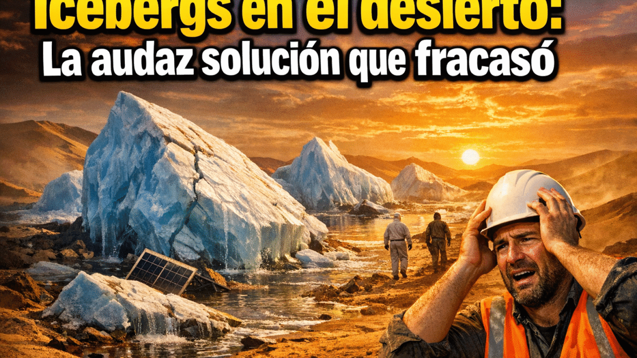 Imagen generada con IA para el artículo Icebergs: La Audaz Solución Fallida para el Agua del Desierto