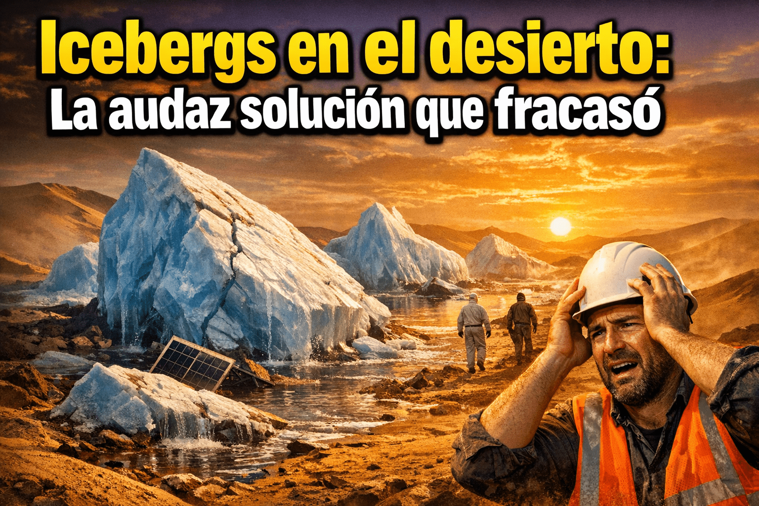 Imagen generada con IA para el artículo Icebergs: La Audaz Solución Fallida para el Agua del Desierto