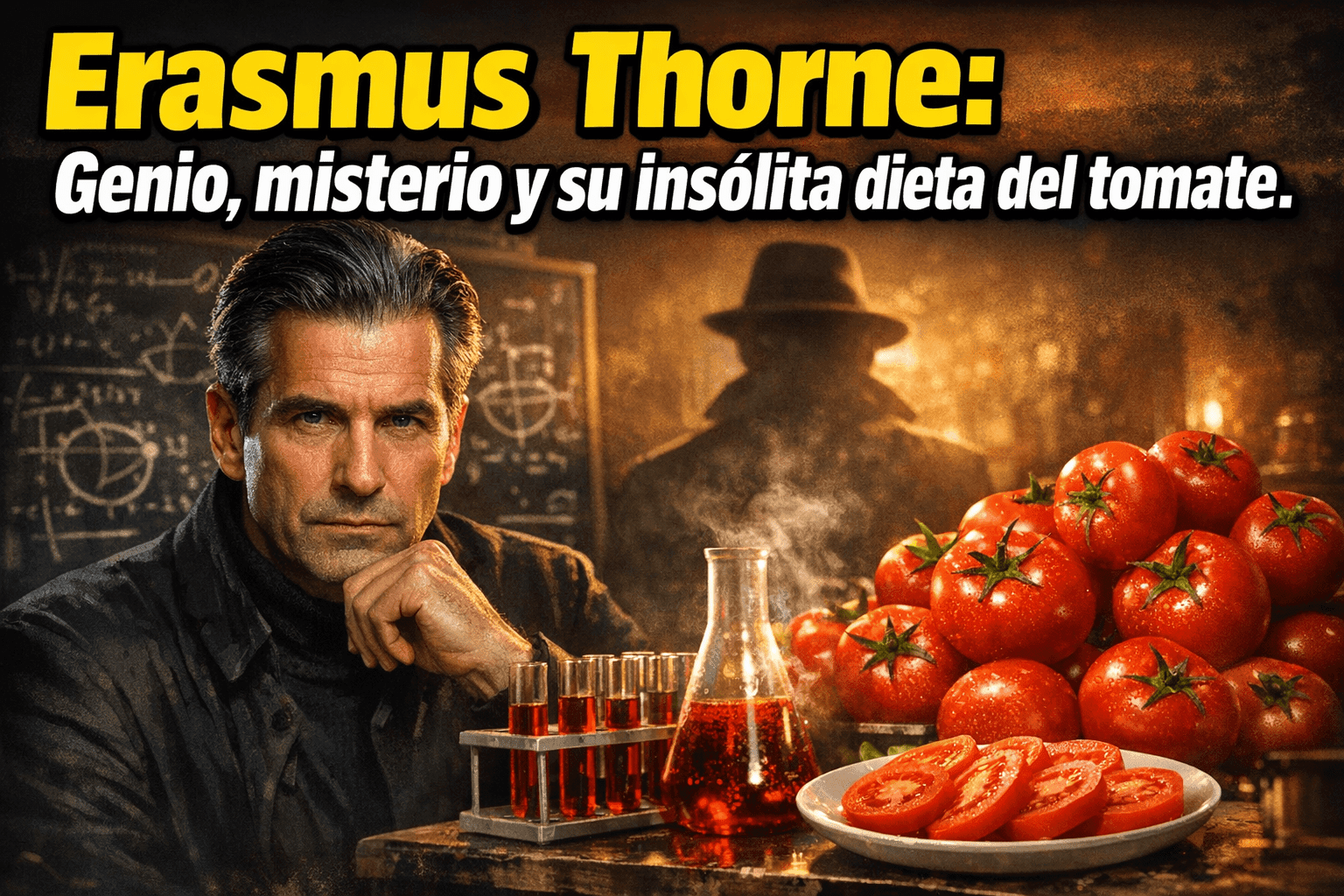 Imagen generada con IA para el artículo Erasmus Thorne: Genio, Misterio y su Dieta Increíble de Tomate