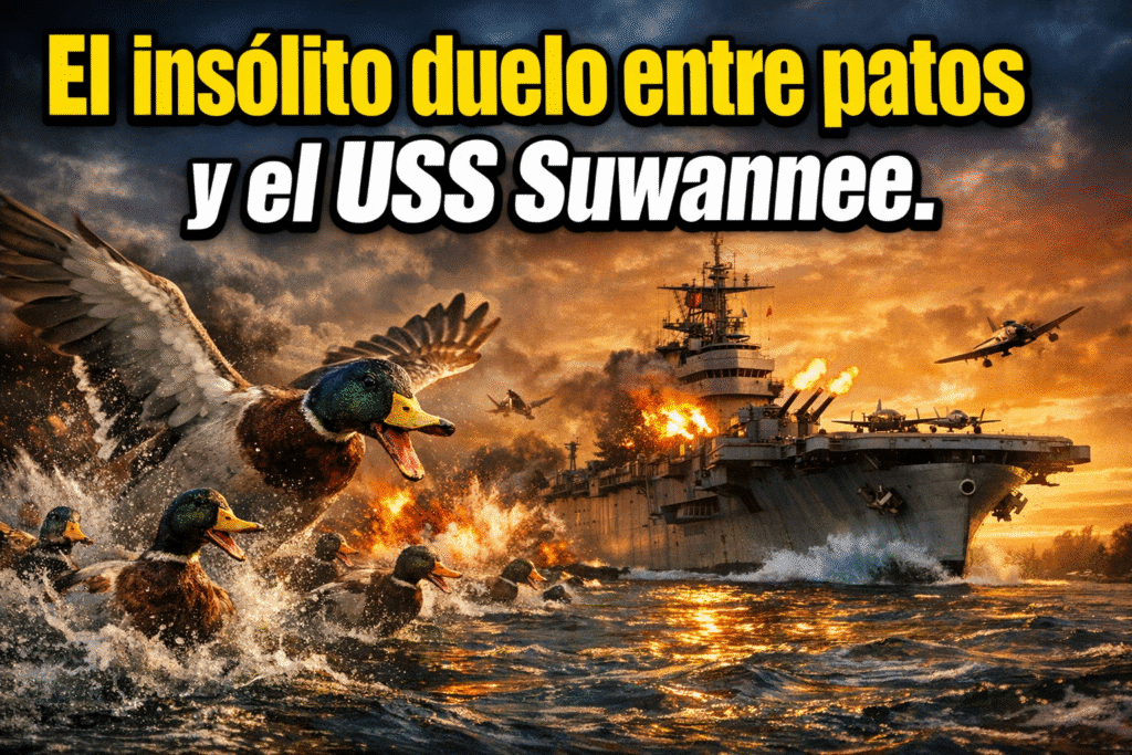 Imagen generada con IA para el artículo ¡Increíble! Patos vs. Portaaviones USS Suwannee (1943)
