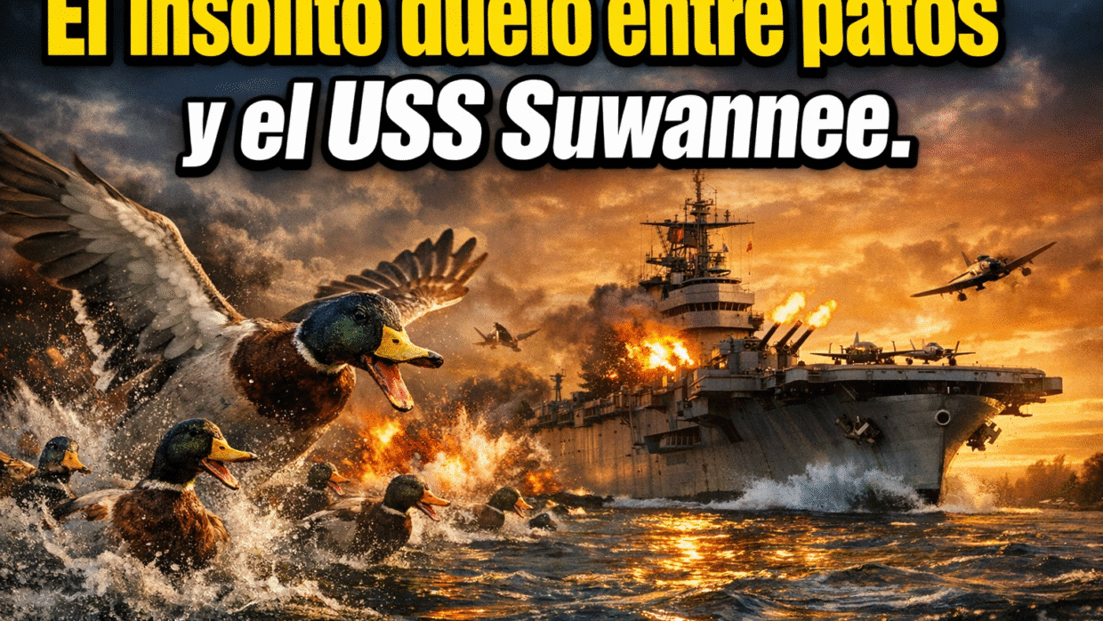 Imagen generada con IA para el artículo ¡Increíble! Patos vs. Portaaviones USS Suwannee (1943)