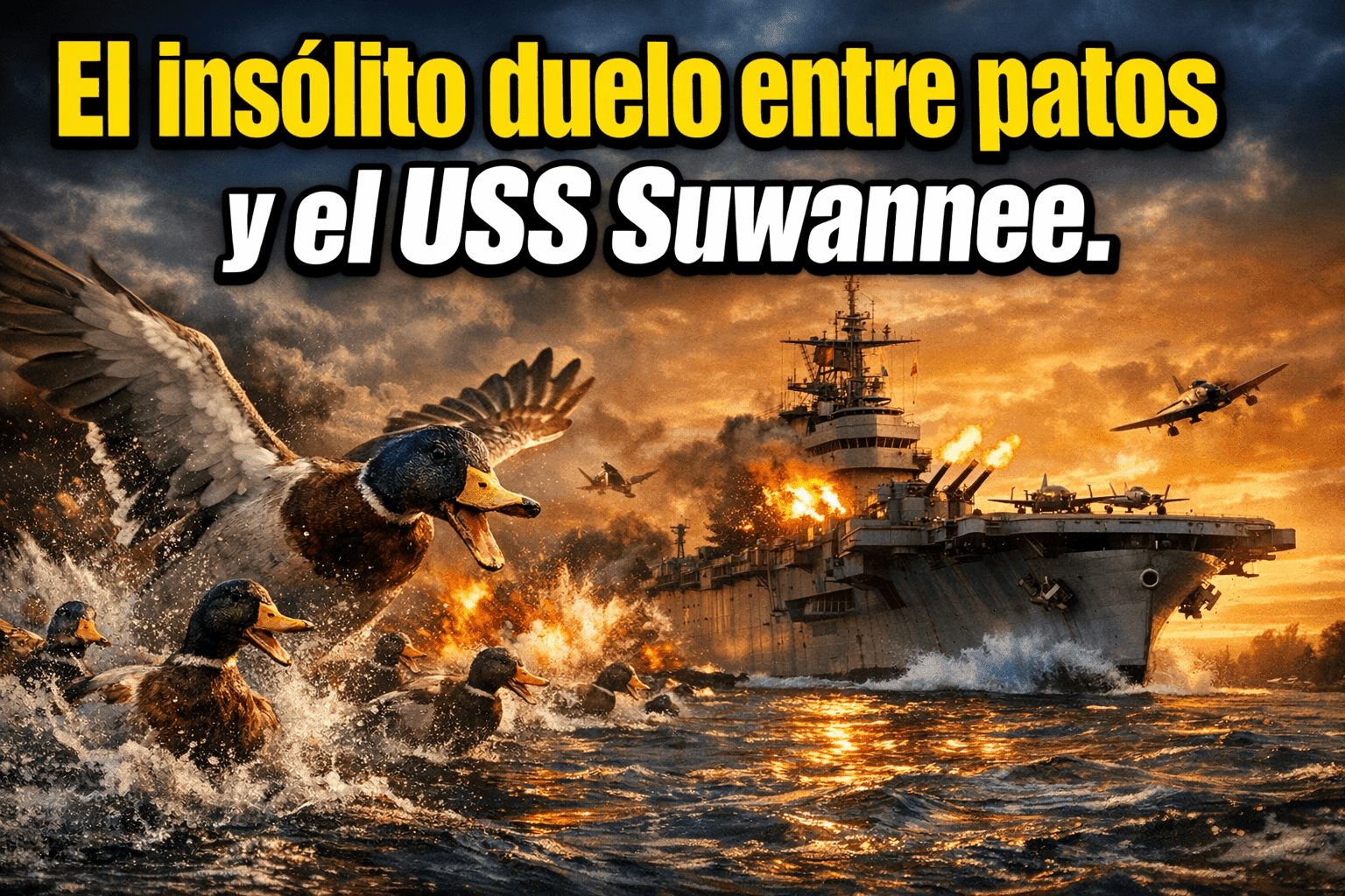 Imagen generada con IA para el artículo ¡Increíble! Patos vs. Portaaviones USS Suwannee (1943)