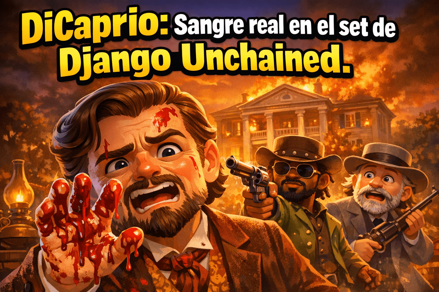 Imagen generada con IA para el artículo Leonardo DiCaprio: Sangre real en Django Unchained. ¡Impactante!
