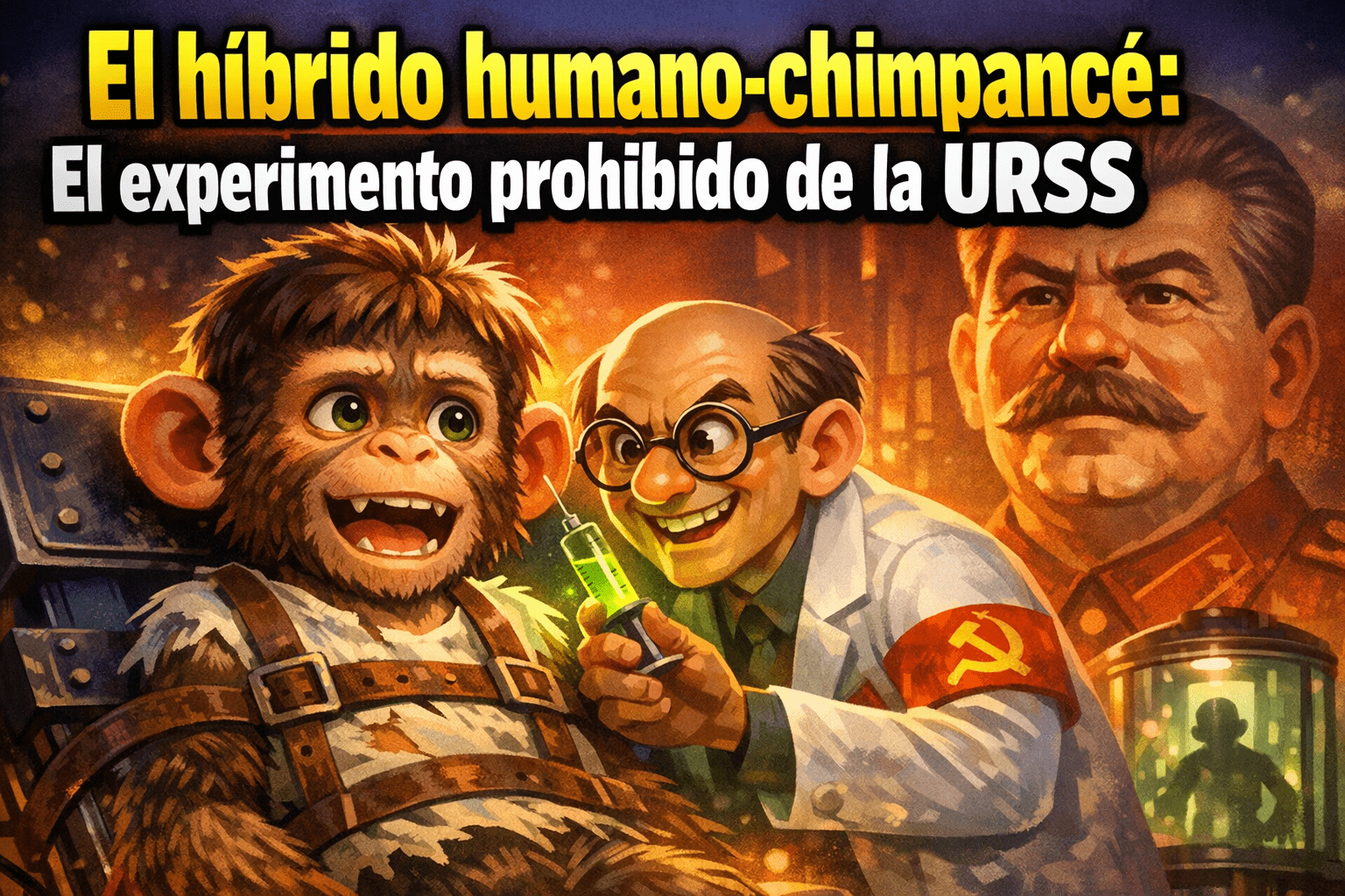 Imagen generada con IA para el artículo Impactante: El Híbrido Humano-Chimpancé de Ivanov en la URSS