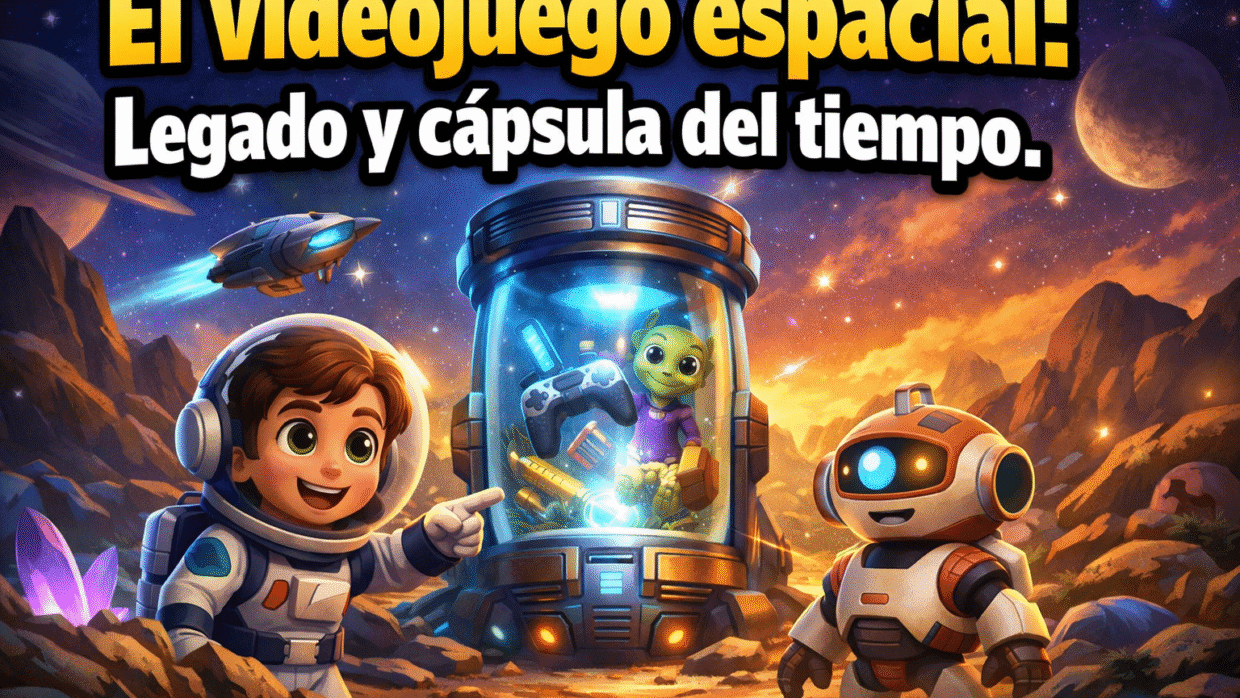 Imagen generada con IA para el artículo El Fascinante Videojuego al Espacio: Cápsula del Tiempo y Legado