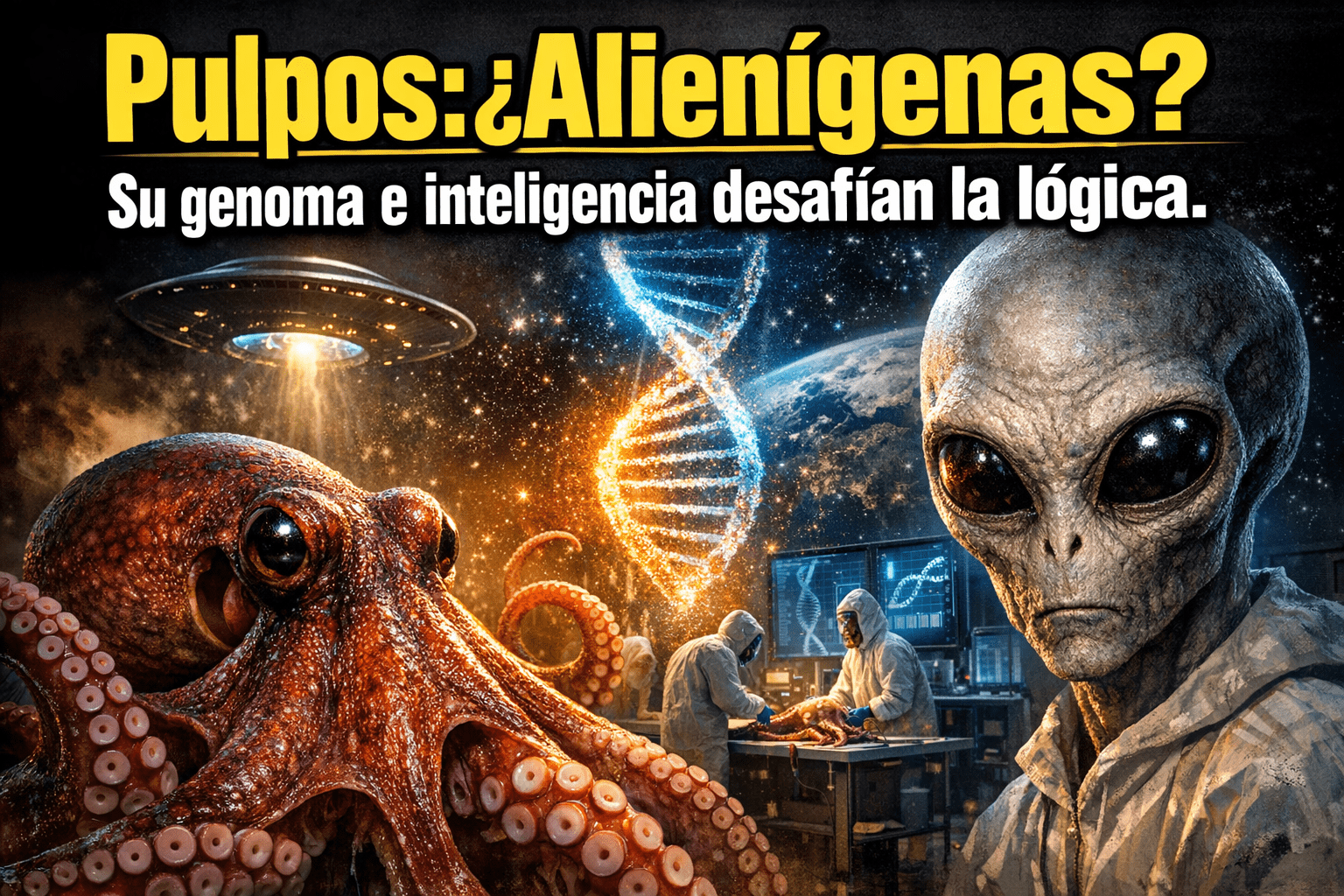 Imagen generada con IA para el artículo Pulpos: ¿Origen Alienígena? Su Genoma e Inteligencia Fascinan