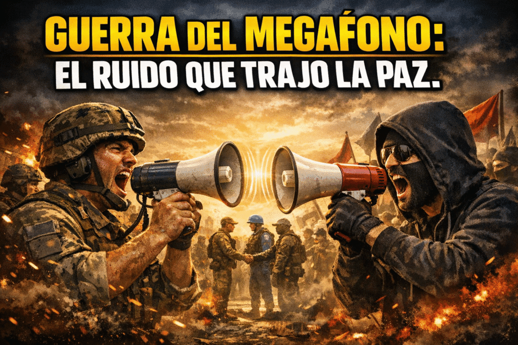 Imagen generada con IA para el artículo La Increíble Guerra del Megáfono: Batalla Sónica y Paz Inesperada