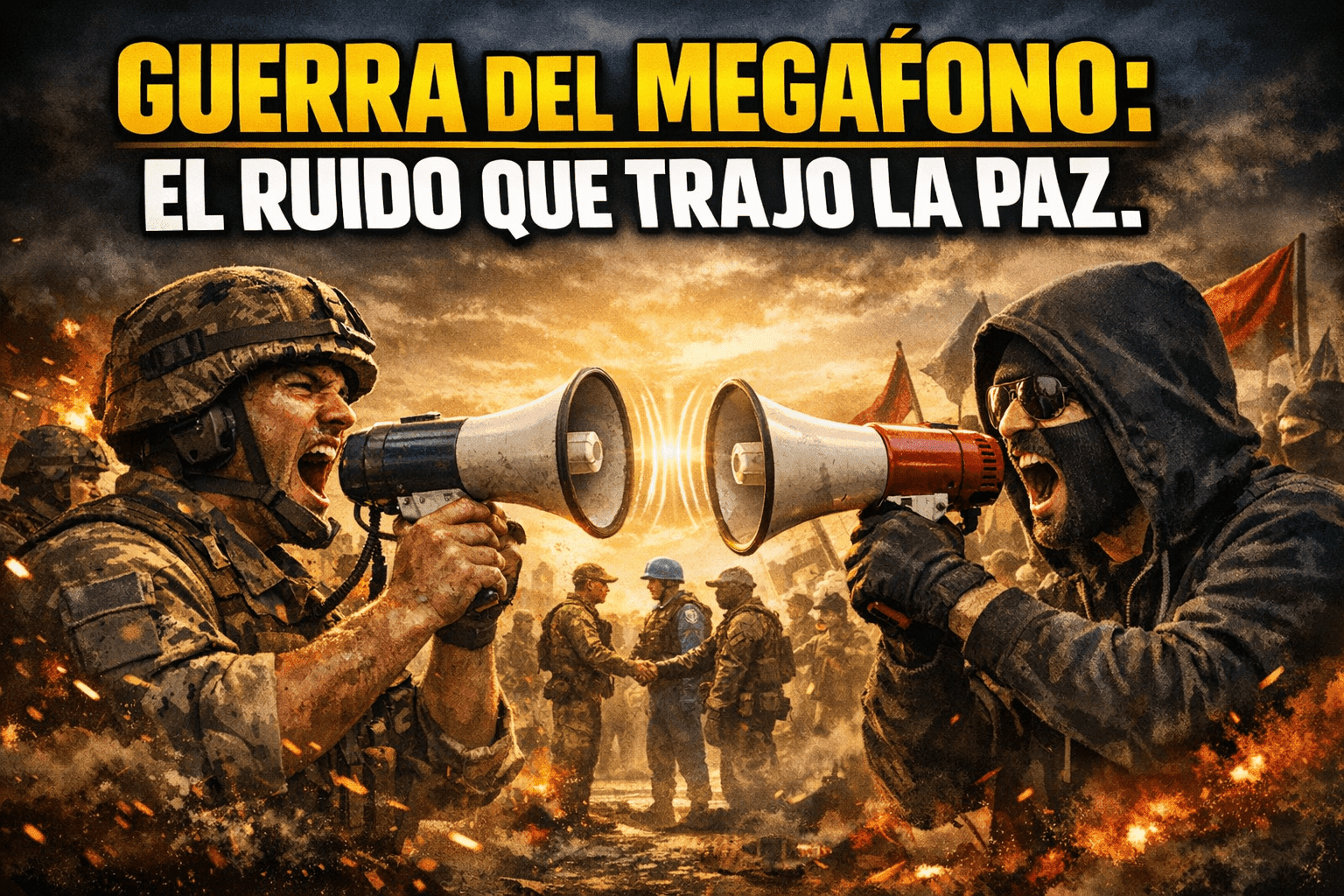 Imagen generada con IA para el artículo La Increíble Guerra del Megáfono: Batalla Sónica y Paz Inesperada