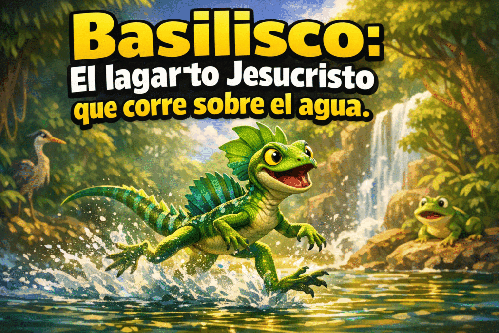 Imagen generada con IA para el artículo Asombroso Basilisco: El Lagarto Jesucristo Corre sobre el Agua