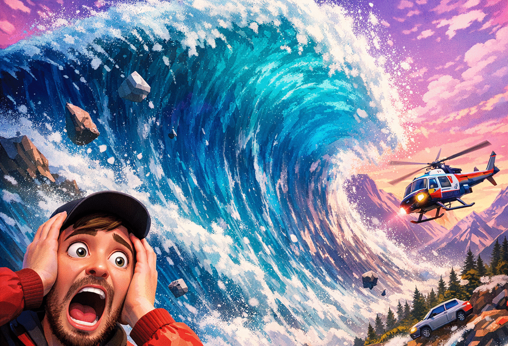 Imagen generada con IA para el artículo El Increíble Megatsunami de Lituya Bay, Alaska: La Ola Récord de 524 Metros