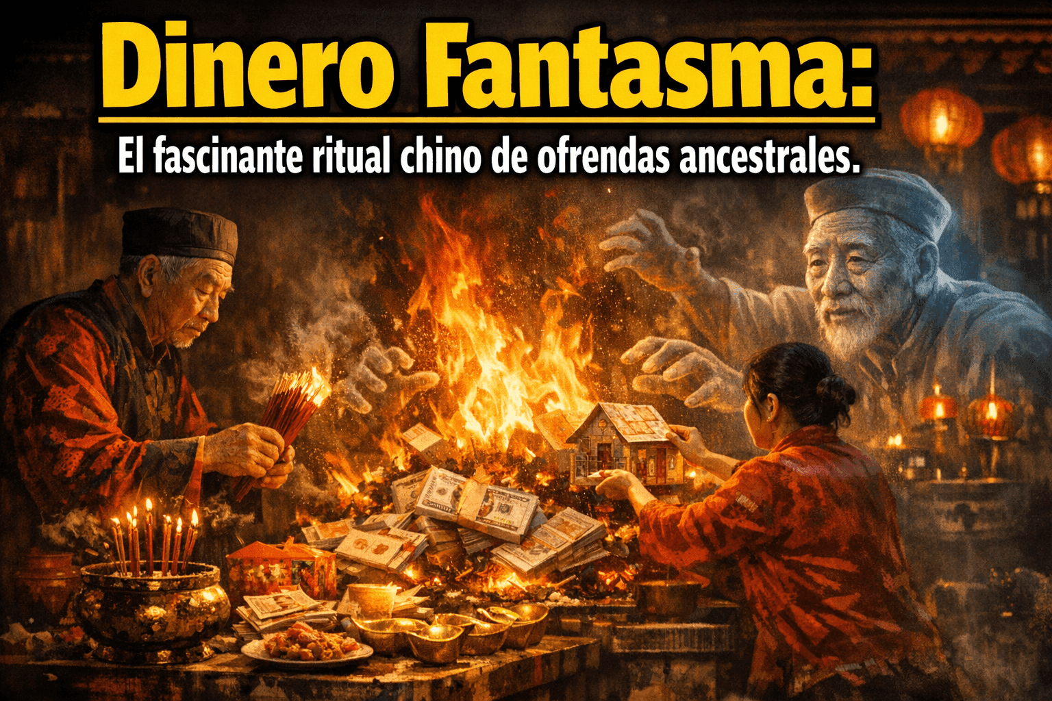 Imagen generada con IA para el artículo Dinero Fantasma: Fascinante Ritual Chino de Ofrendas a Ancestros